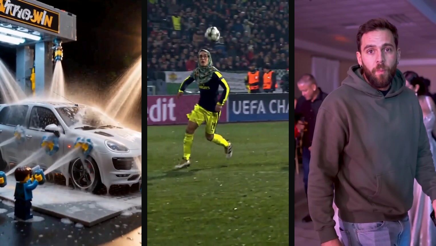 Three frames from finished videos: a Lego-style car wash covering a white SUV in foam, a player in a headscarf running on a stadium pitch, and a bearded man in a green hoodie at a party